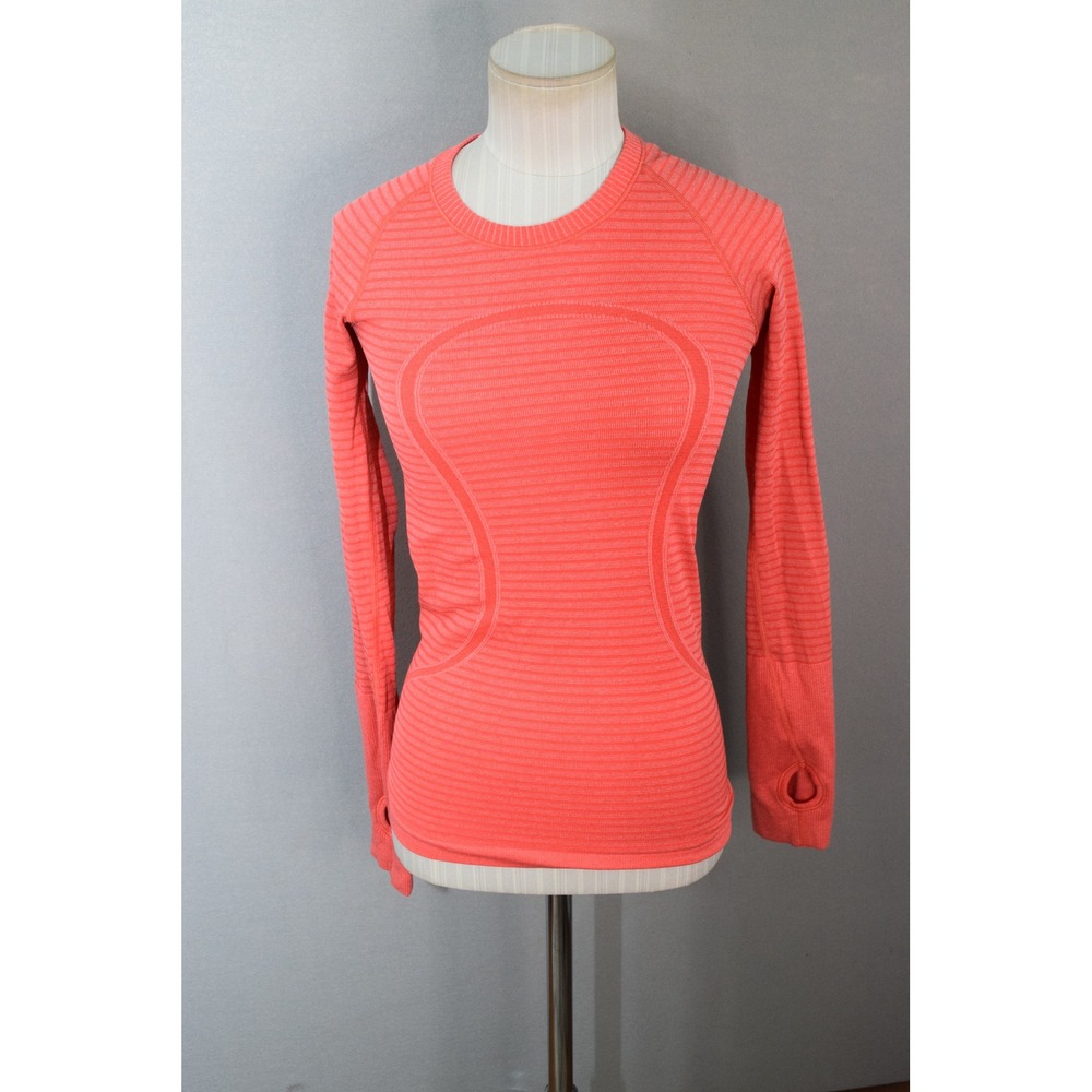 Lululemon Swiftly Tech Long Sleeve 2 Coral Pink Striped Crew Athletic Women